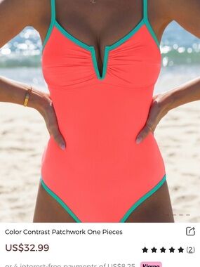 NWT Color-Contrast One-Piece Swimsuit - Coral with Teal Trim